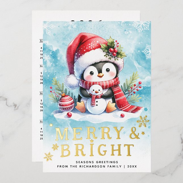 Merry and Bright Penguin Blue Red Gold Christmas Foil Holiday Card (Front/Back)