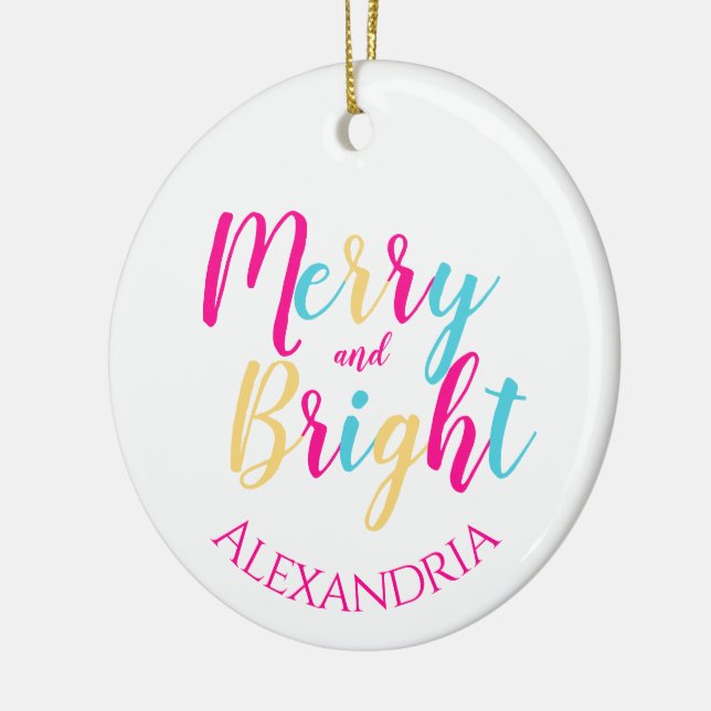 Merry and Bright Personalised Colourful Christmas Ceramic Tree Decoration (Left)