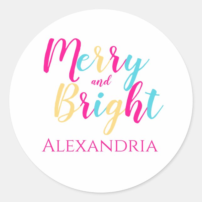 Merry and Bright Personalised Colourful Christmas Classic Round Sticker (Front)