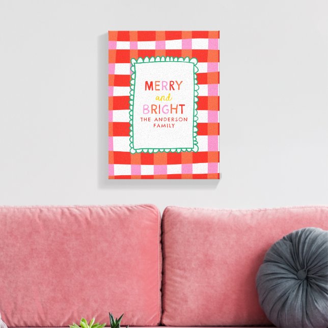 Merry and Bright Personalised Gingham Red & Pink Canvas Print (Insitu(LivingRoom))