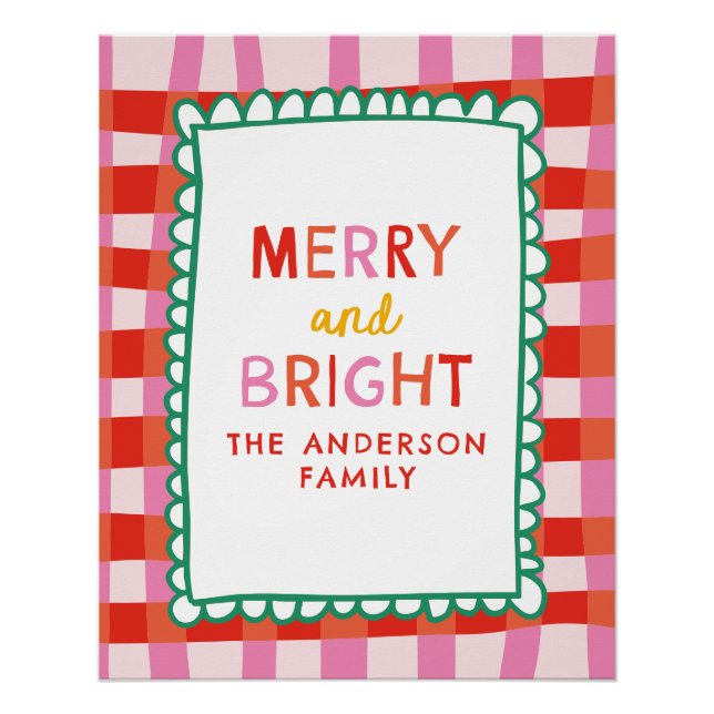 Merry and Bright Personalised Gingham Red & Pink Poster (Front)