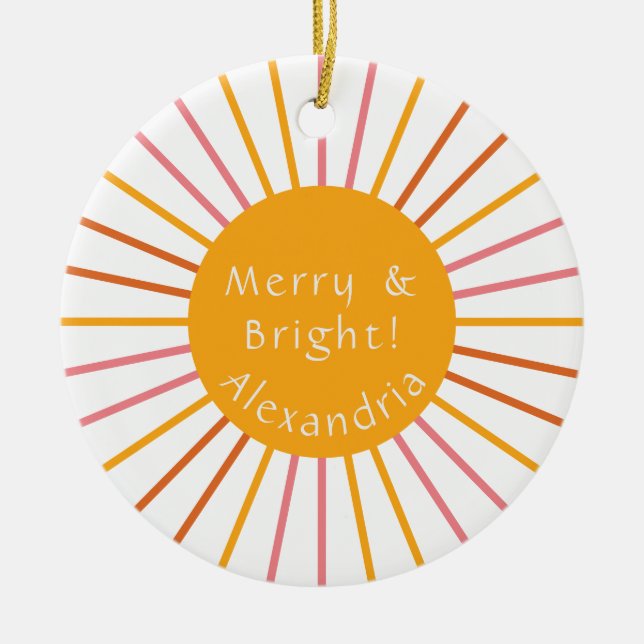 Merry and Bright Personalised Yellow Ceramic Tree Decoration (Front)