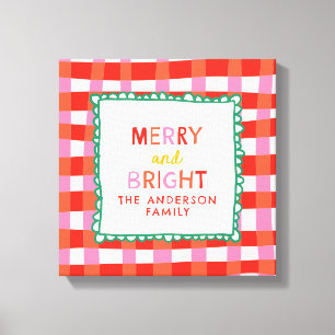 Merry and Bright Personalized Gingham Red & Pink Canvas Print