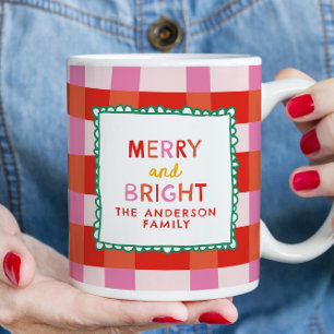 Merry and Bright Personalized Gingham Red & Pink Mug