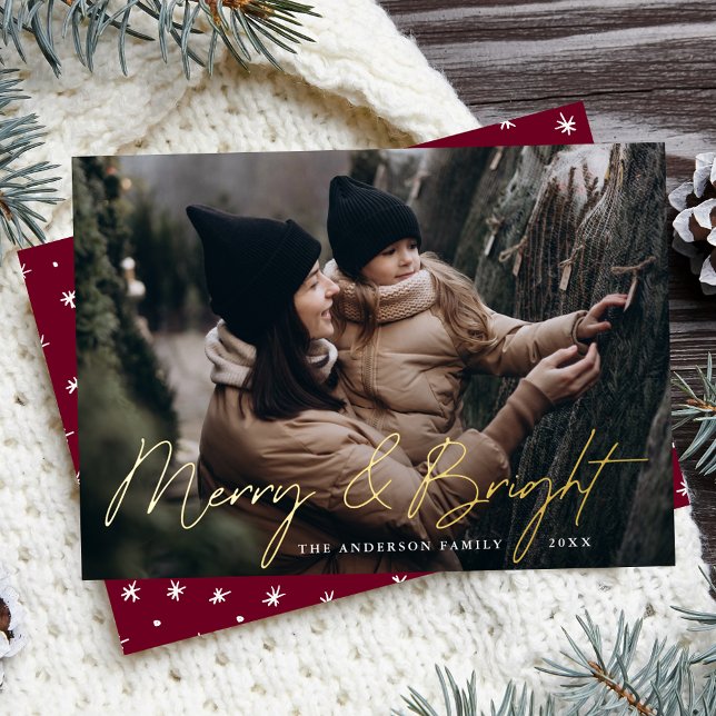 Merry and Bright Photo Burgundy and Gold Foil Holiday Card (Creator Uploaded)