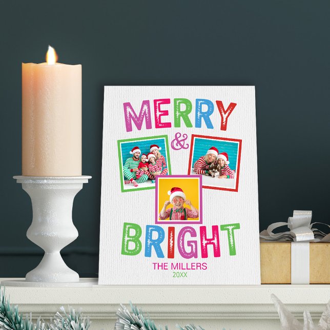 Merry and Bright Photo Christmas  Pedestal Sign (Merry and Bright Photo Collage Colorful Home Pedestal Free-standing Sign)