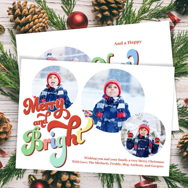 Merry and Bright Photo Collage Christmas Holiday Card (Merry and Bright holiday photo card. With colorful retro typography. )