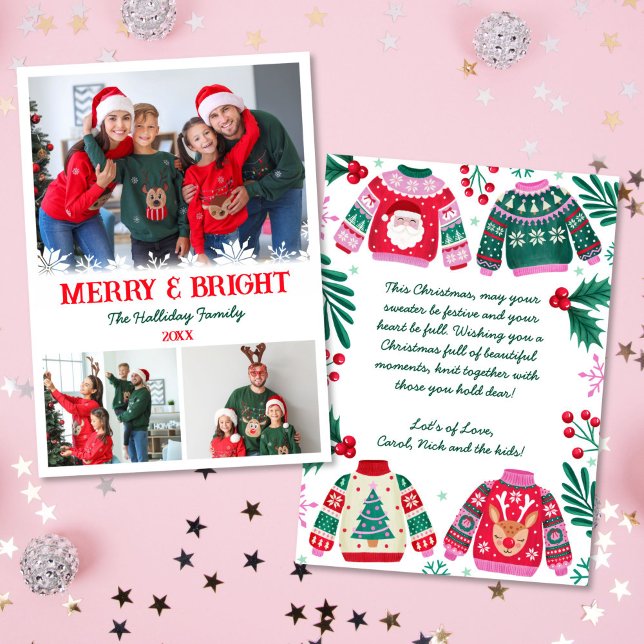 Merry and Bright Photo Collage Christmas Sweater  Holiday Card (3 Photo Collage Ugly Sweater Christmas Holiday Card)