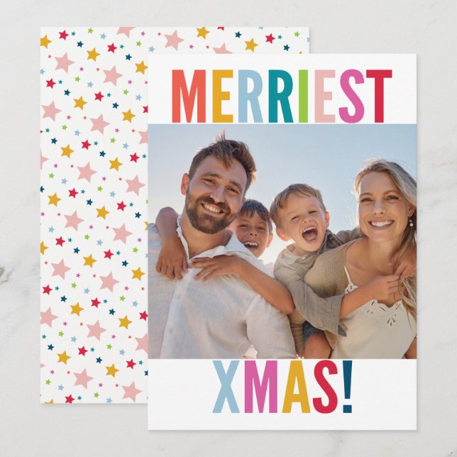 MERRY and BRIGHT PHOTO modern family colourful Holiday Card (Front/Back)