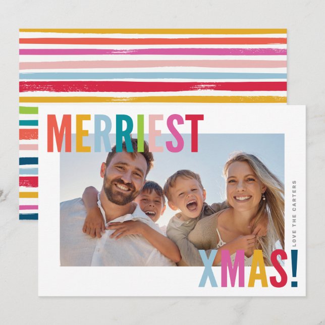 MERRY and BRIGHT PHOTO modern family colourful Holiday Card (Front/Back)