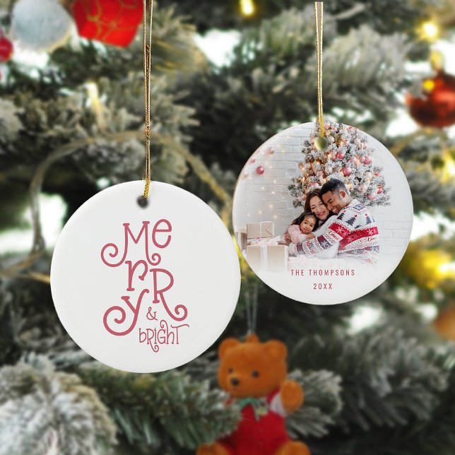Merry and Bright Photo Name Rose Gold Christmas Ceramic Tree Decoration (Front and back view)