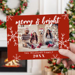 Merry and Bright Photo Red Snowflakes Christmas Holiday Card<br><div class="desc">Modern Minimalist Family Photo Merry and Bright Christmas holiday card. Features elegant calligraphy script font Merry & Bright and snowflakes. Personalise your family name and year for a custom Christmas card.</div>