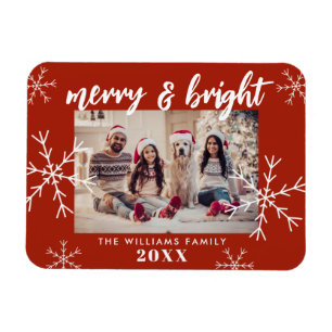 Merry and Bright Photo Red Snowflakes Christmas Magnet