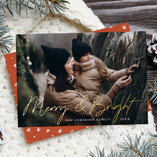 Merry and Bright Photo Rust Orange and Gold Foil Holiday Card