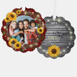 Merry and Bright Photo Rustic Sunflower Christmas Tree Decoration Card