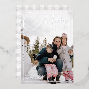 Merry and Bright Photo with Buffalo Plaid Foil Hol Holiday Card