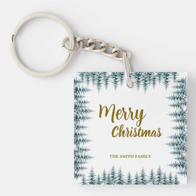 Merry and Bright pine tree forest Christmas Key Ring (Front)