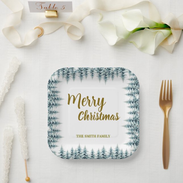 Merry and Bright pine tree forest Christmas Paper Plate (Wedding)
