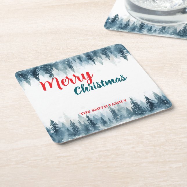 Merry and Bright pine tree forest Christmas Square Paper Coaster (Angled)