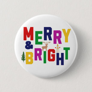 Merry and Bright Pine Tree Reindeer Snowman 6 Cm Round Badge