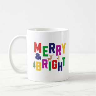 Merry and Bright Pine Tree Reindeer Snowman Coffee Mug