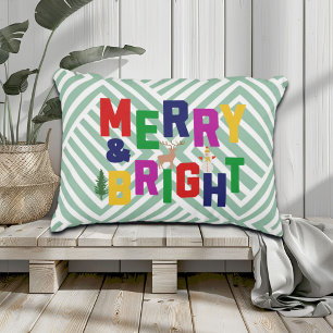 Merry and Bright Pine Tree Reindeer Snowman Decorative Cushion