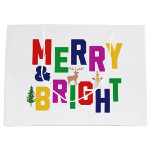 Merry and Bright Pine Tree Reindeer Snowman  Large Gift Bag