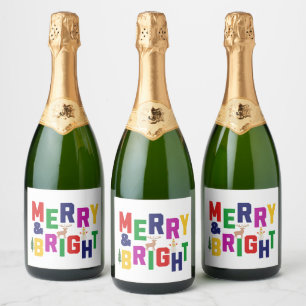Merry and Bright Pine Tree Reindeer Snowman Sparkling Wine Label