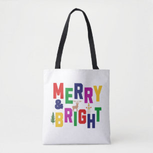 Merry and Bright Pine Tree Reindeer Snowman  Tote Bag