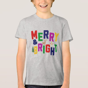 Merry and Bright Pine Tree Reindeer Snowman  Tri-Blend Shirt