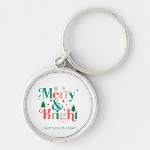 Merry And Bright Pine Tree Snowflakes Key Ring