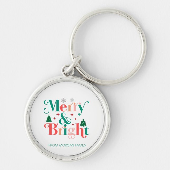 Merry And Bright Pine Tree Snowflakes Key Ring (Front)