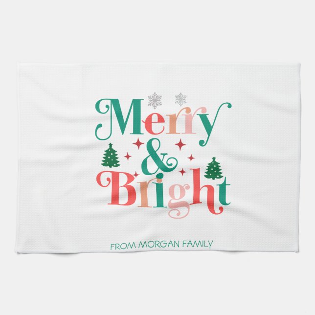 Merry And Bright Pine Tree Snowflakes Tea Towel (Horizontal)