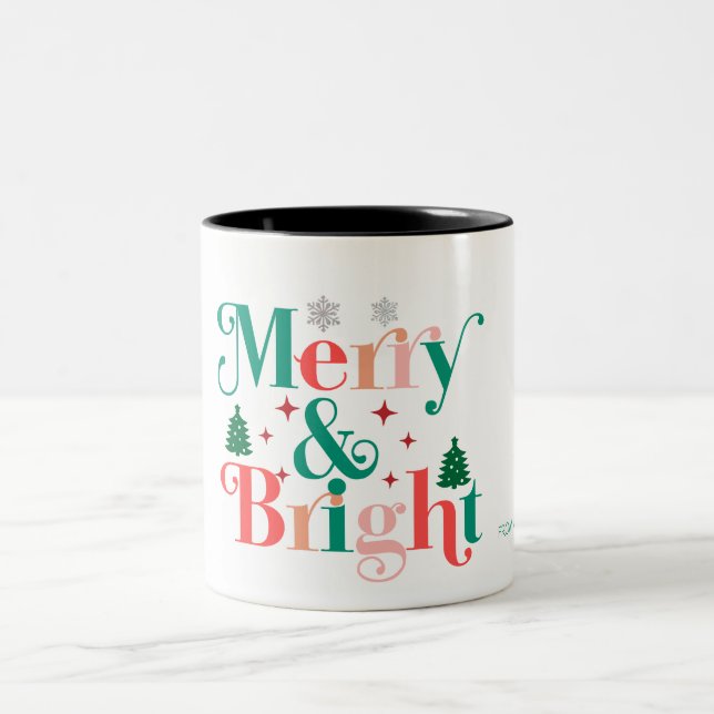 Merry And Bright Pine Tree Snowflakes Two-Tone Coffee Mug (Center)