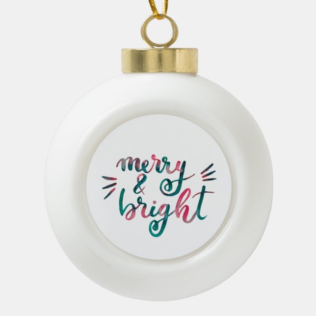 Merry and bright - pink and green ceramic ball christmas ornament (Front)