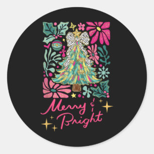 Merry and Bright Pink Boho Floral Christmas for wo Classic Round Sticker