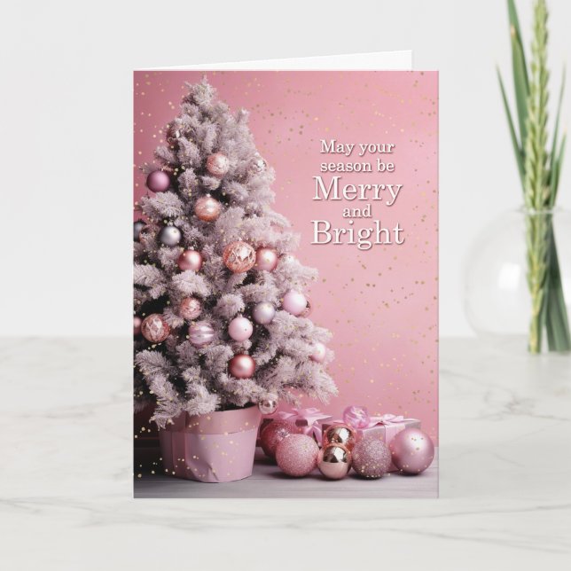 Merry and Bright Pink Christmas Holiday Card (Front)