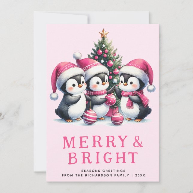 Merry and Bright Pink Christmas Penguin Holiday Card (Front)