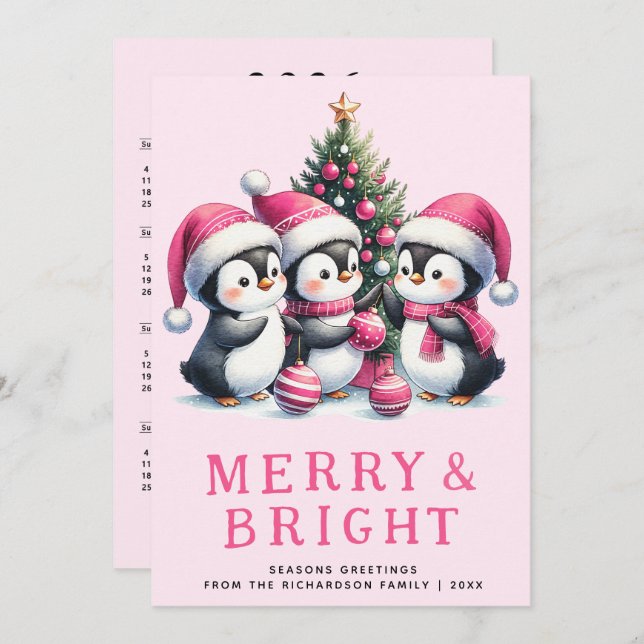 Merry and Bright Pink Christmas Penguin Holiday Card (Front/Back)