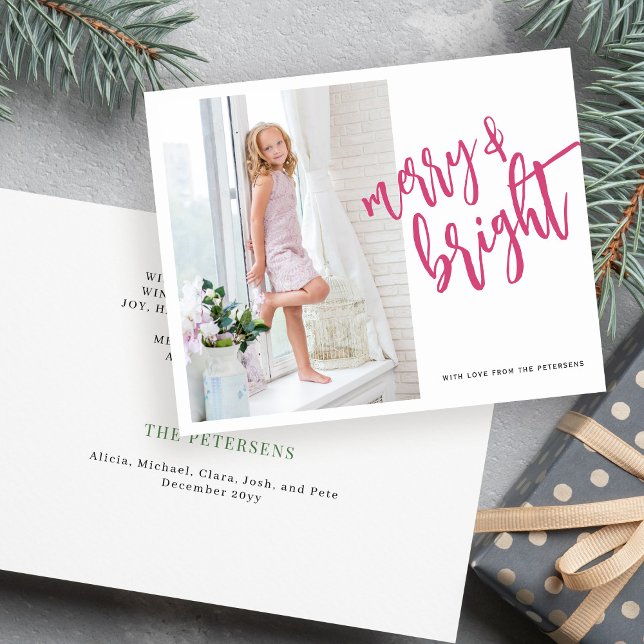 Merry and Bright pink Christmas photo holiday card (Creator Uploaded)