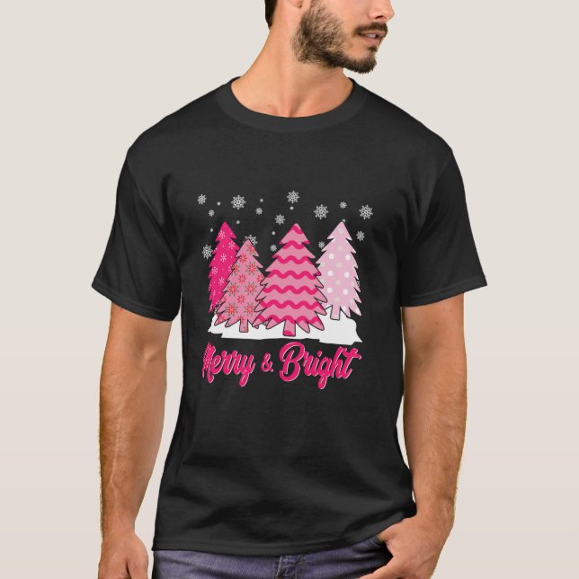 Merry And Bright Pink Christmas Tree Costume Famil T-Shirt (Front)