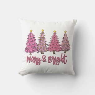 Merry and Bright Pink Christmas Tree Cushion