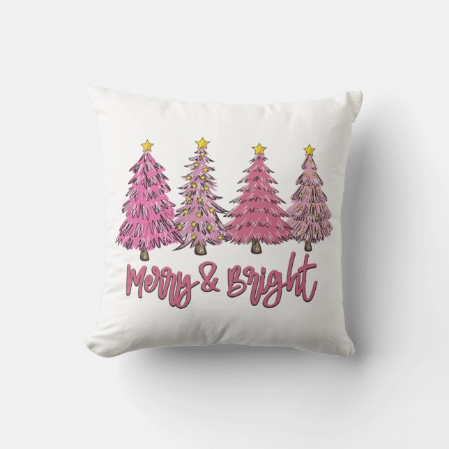 Merry and Bright Pink Christmas Tree Cushion (Front)