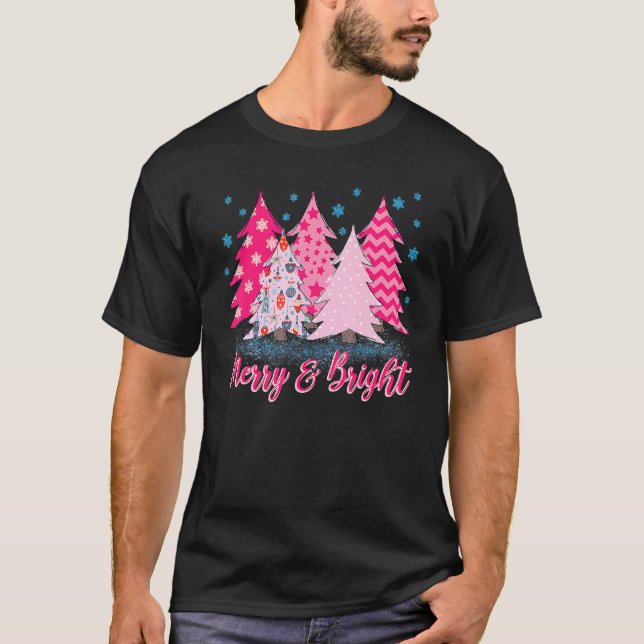 Merry and Bright Pink Christmas Tree Pink Christma T-Shirt (Front)