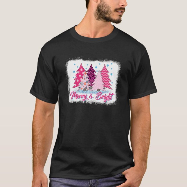 Merry and Bright Pink Christmas Tree Pink Christma T-Shirt (Front)