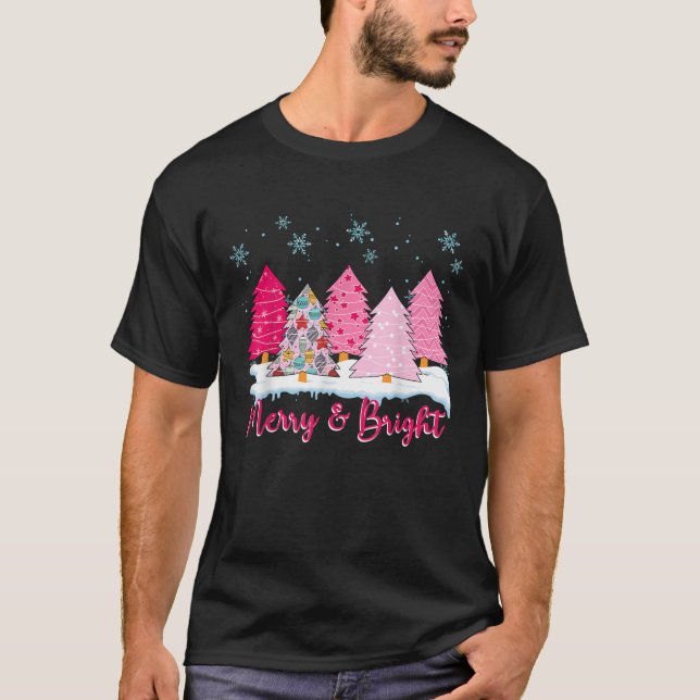Merry and Bright Pink Christmas Tree Pink Christma T-Shirt (Front)