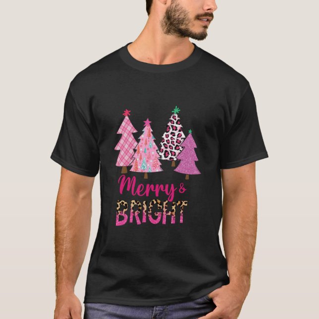 Merry and Bright Pink Christmas Tree Pink Christma T-Shirt (Front)