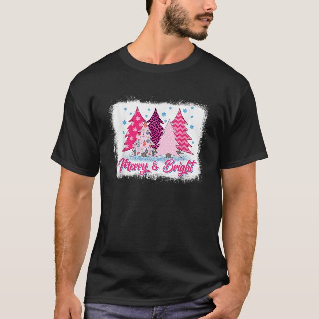 Merry and Bright Pink Christmas Tree Pink Christma T-Shirt (Front)