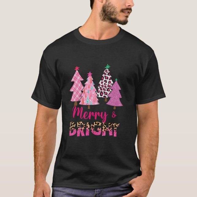 Merry and Bright Pink Christmas Tree Pink Christma T-Shirt (Front)