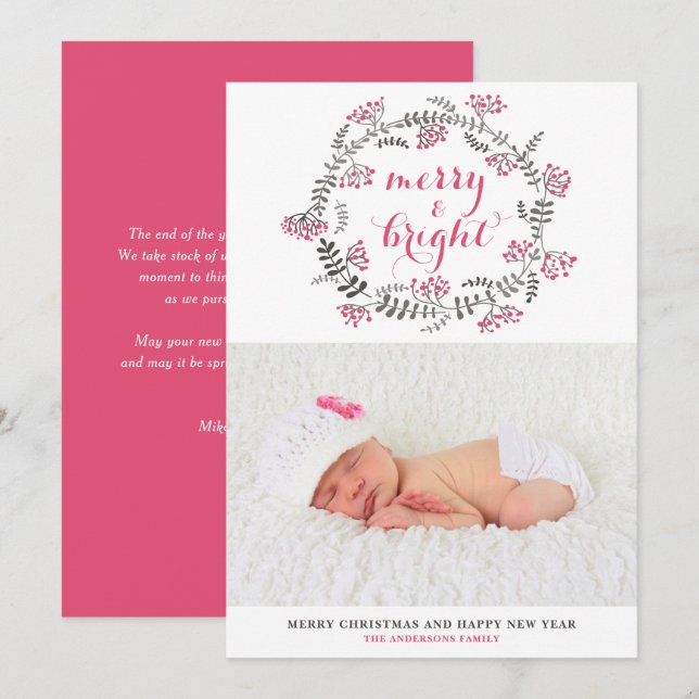 Merry and Bright Pink Christmas Wreath Photo Holiday Card (Front/Back)